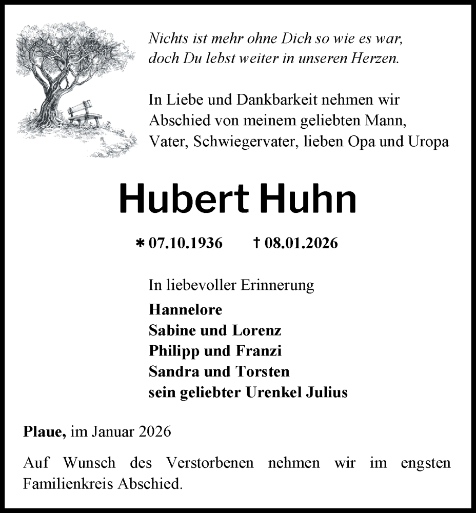  Traueranzeige für Hubert Huhn vom 24.01.2026 aus Thüringer Allgemeine