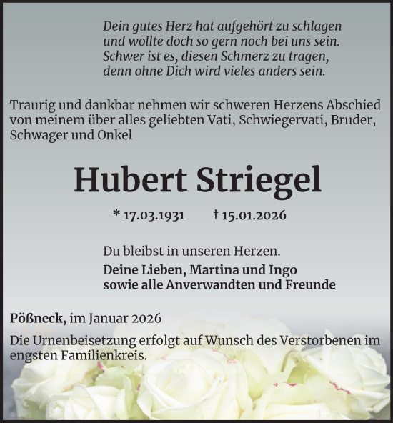 Traueranzeige von Hubert Striegel von Ostthüringer Zeitung