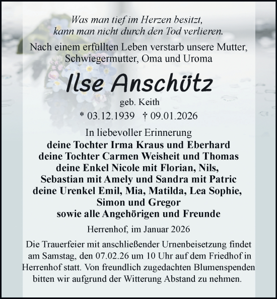 Traueranzeige von Ilse Anschütz von Thüringer Allgemeine, Thüringische Landeszeitung