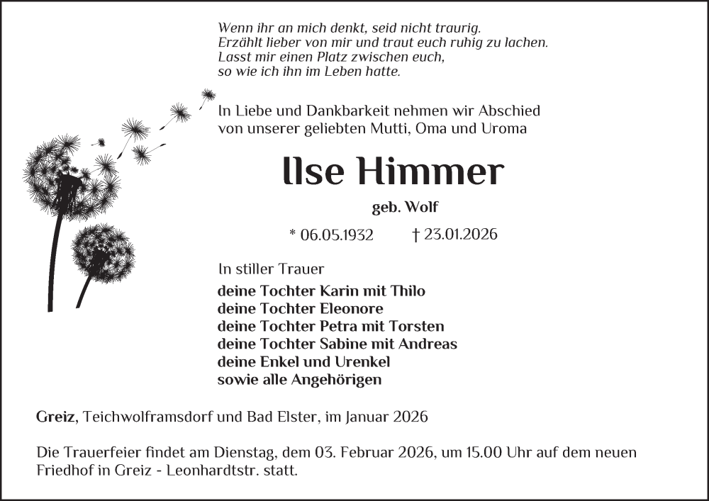  Traueranzeige für Ilse Himmer vom 31.01.2026 aus Ostthüringer Zeitung