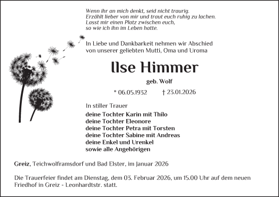 Traueranzeige von Ilse Himmer von Ostthüringer Zeitung