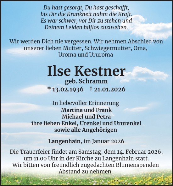 Traueranzeige von Ilse Kestner von Thüringer Allgemeine, Thüringische Landeszeitung