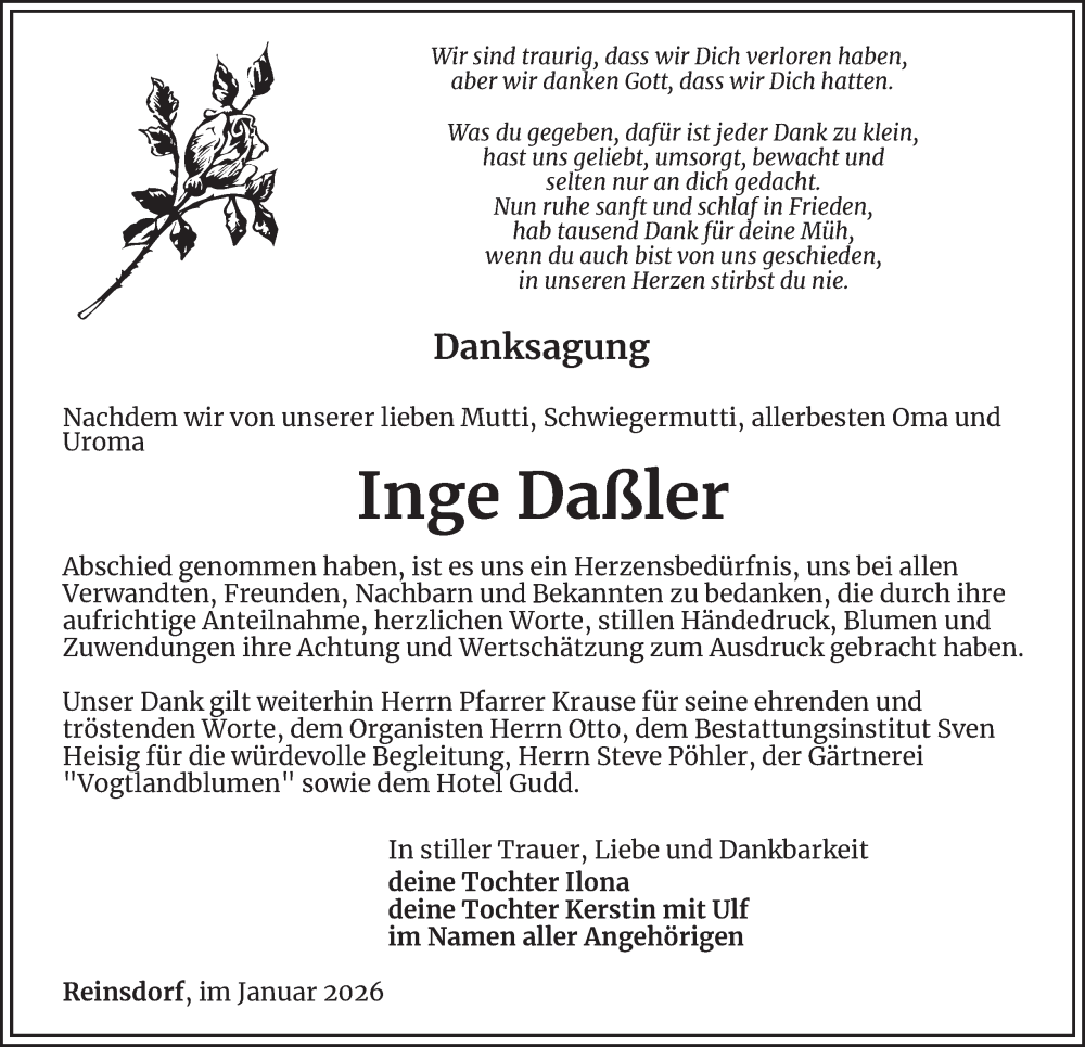  Traueranzeige für Inge Daßler vom 16.01.2026 aus Ostthüringer Zeitung