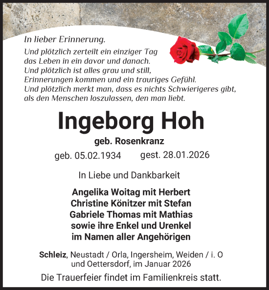 Traueranzeige von Ingeborg Hoh von Ostthüringer Zeitung