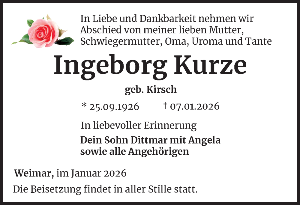  Traueranzeige für Ingeborg Kurze vom 17.01.2026 aus Thüringer Allgemeine, Thüringische Landeszeitung