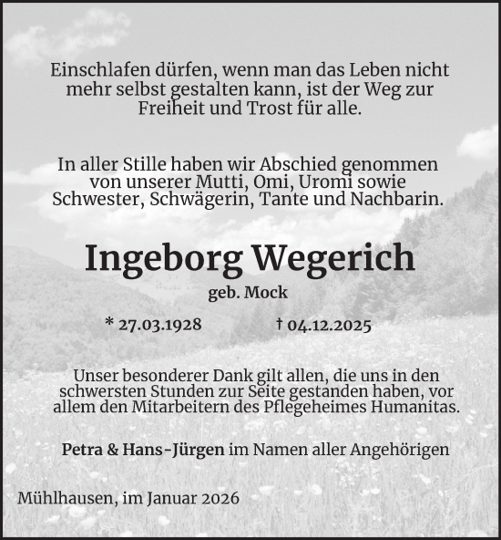 Traueranzeige von Ingeborg Wegerich von Thüringer Allgemeine, Thüringische Landeszeitung