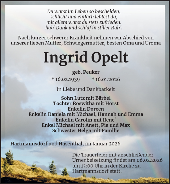 Traueranzeige von Ingrid Opelt von Ostthüringer Zeitung