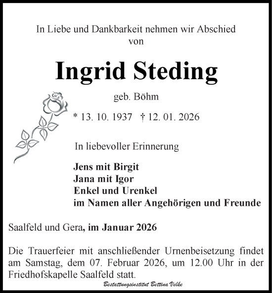 Traueranzeige von Ingrid Steding von Ostthüringer Zeitung