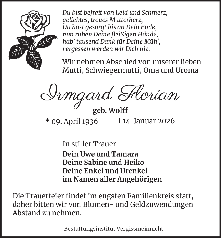  Traueranzeige für Irmgard Florian vom 24.01.2026 aus Thüringer Allgemeine
