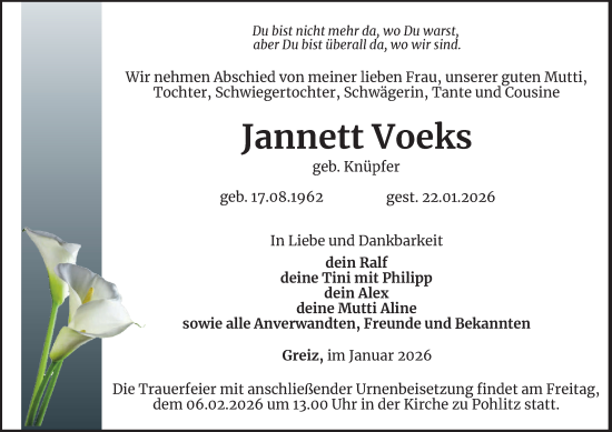 Traueranzeige von Jannett Voeks von Ostthüringer Zeitung
