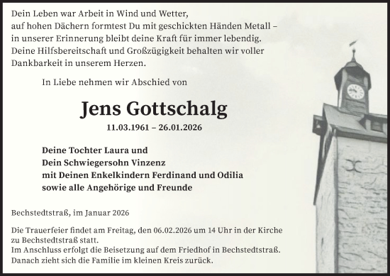 Traueranzeige von Jens Gottschalg von Thüringer Allgemeine, Thüringische Landeszeitung