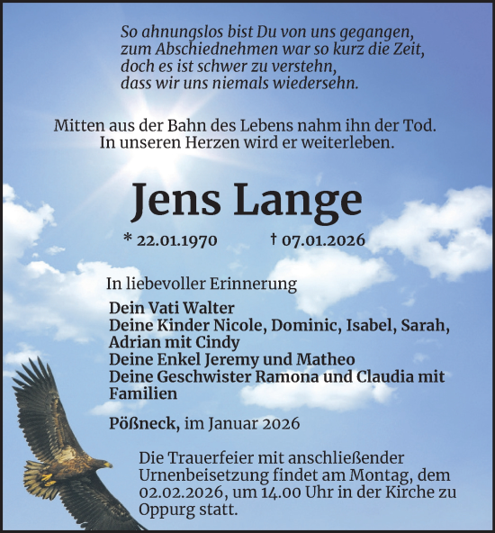 Traueranzeige von Jens Lange von Ostthüringer Zeitung