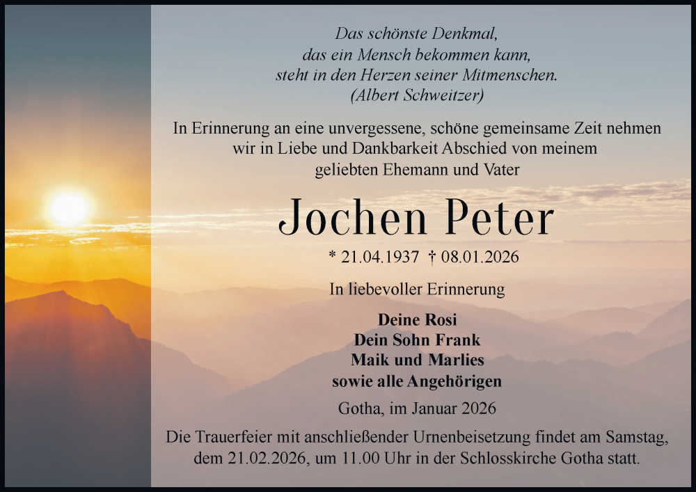  Traueranzeige für Jochen Peter vom 24.01.2026 aus Thüringer Allgemeine, Thüringische Landeszeitung