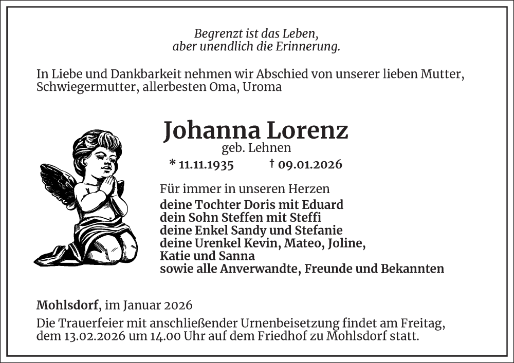  Traueranzeige für Johanna Lorenz vom 23.01.2026 aus Ostthüringer Zeitung