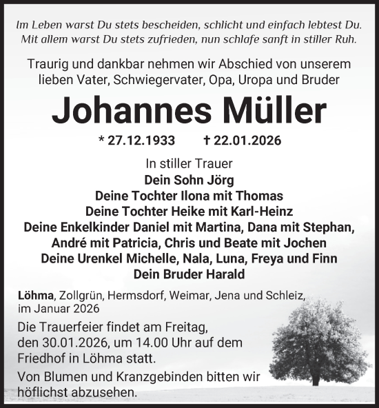 Traueranzeige von Johannes Müller von Ostthüringer Zeitung