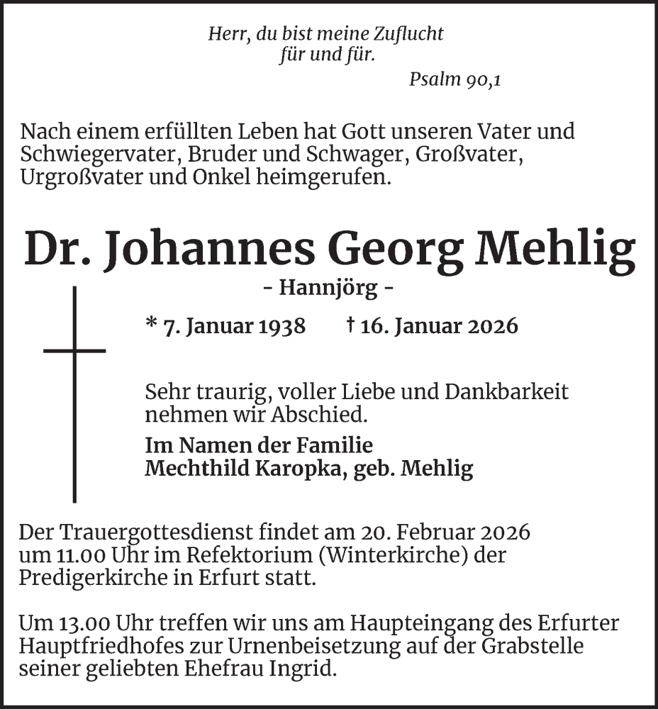 Traueranzeige für Johannes Georg Mehlig vom 31.01.2026 aus Thüringer Allgemeine, Thüringische Landeszeitung