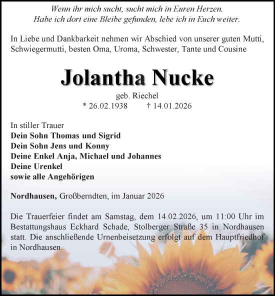 Traueranzeige von Jolantha Nucke von Thüringer Allgemeine