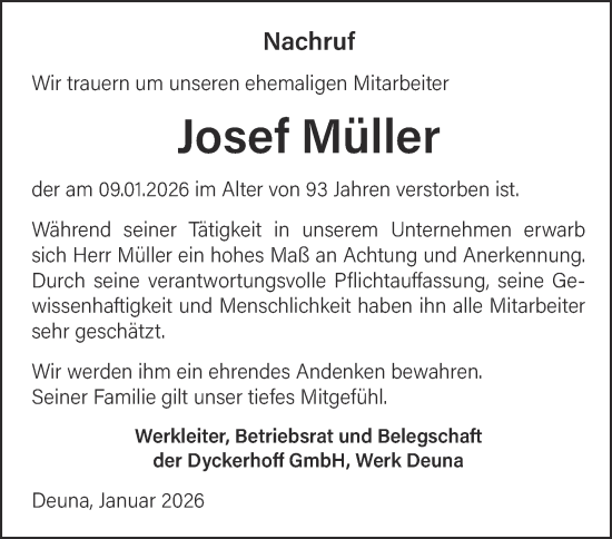 Traueranzeige von Josef Müller von Thüringer Allgemeine