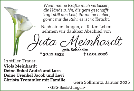 Traueranzeige von Juta Meinhardt von Ostthüringer Zeitung