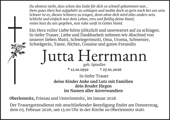 Traueranzeige von Jutta Herrmann von Ostthüringer Zeitung