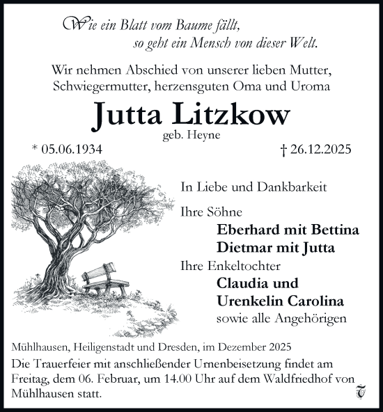 Traueranzeige von Jutta Litzkow von Thüringer Allgemeine, Thüringische Landeszeitung