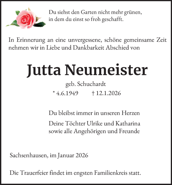 Traueranzeige von Jutta Neumeister von Thüringer Allgemeine, Thüringische Landeszeitung