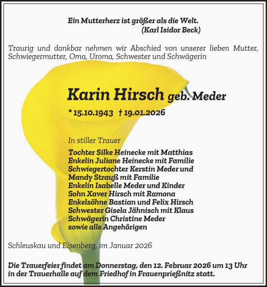 Traueranzeige von Karin Hirsch von Ostthüringer Zeitung, Thüringische Landeszeitung