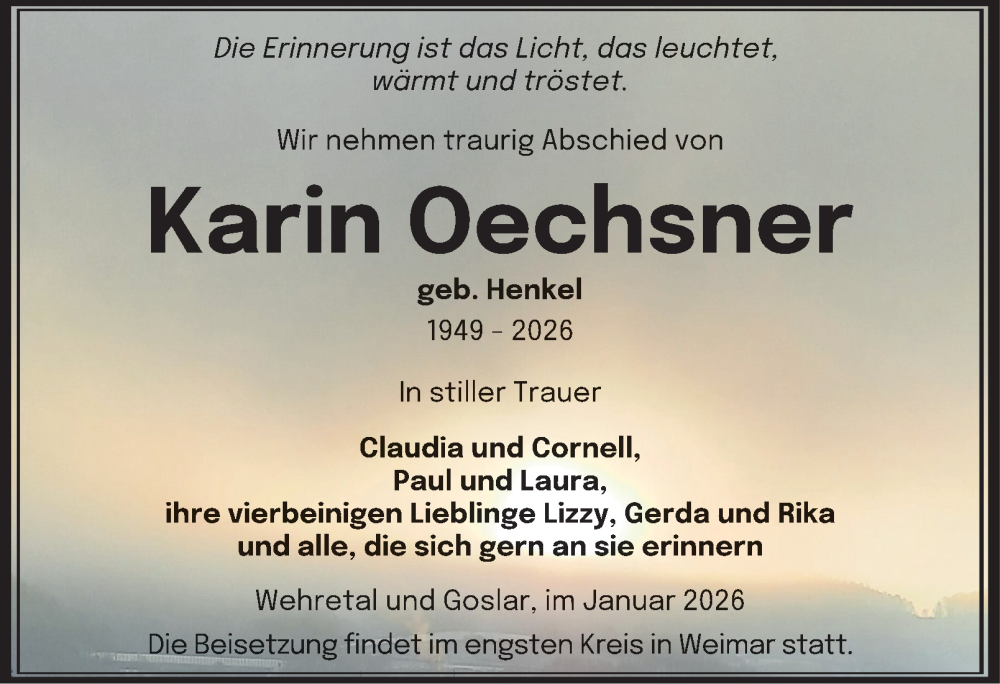  Traueranzeige für Karin Oechsner vom 24.01.2026 aus Thüringer Allgemeine, Thüringische Landeszeitung