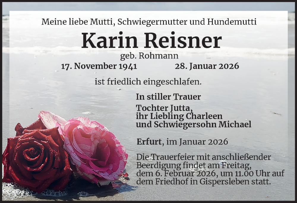  Traueranzeige für Karin Reisner vom 31.01.2026 aus Thüringer Allgemeine, Thüringische Landeszeitung
