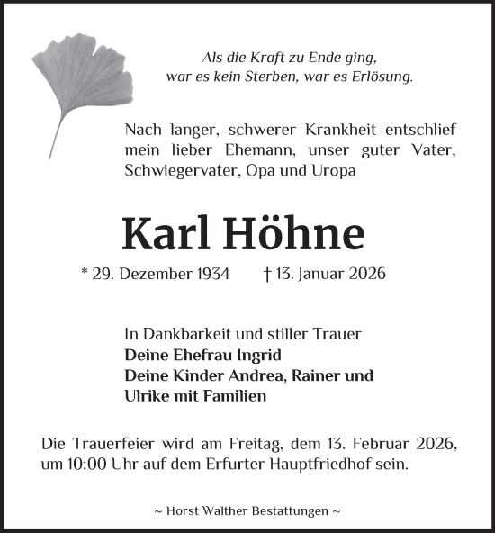 Traueranzeige von Karl Höhne von Thüringer Allgemeine, Thüringische Landeszeitung