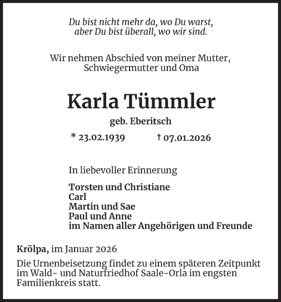 Traueranzeige von Karla Tümmler von Ostthüringer Zeitung