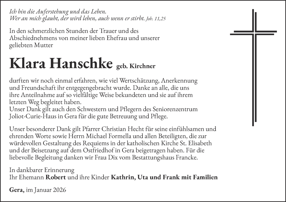  Traueranzeige für Klara Hanschke vom 24.01.2026 aus Ostthüringer Zeitung