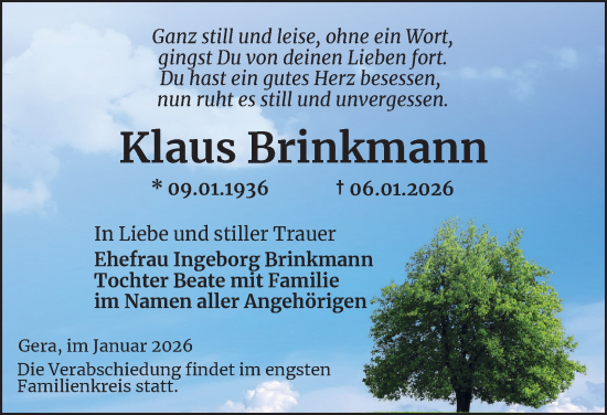Traueranzeige von Klaus Brinkmann von Ostthüringer Zeitung