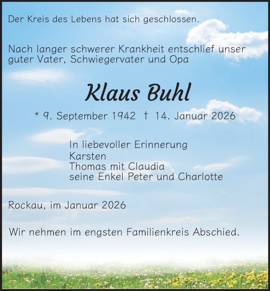 Traueranzeige von Klaus Buhl von Ostthüringer Zeitung