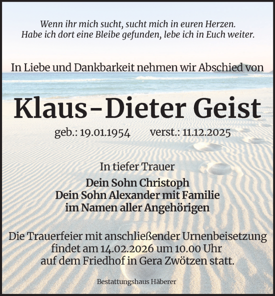 Traueranzeige von Klaus-Dieter Geist von Ostthüringer Zeitung