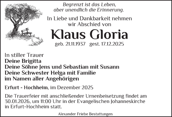 Traueranzeige von Klaus Gloria von Thüringer Allgemeine, Thüringische Landeszeitung