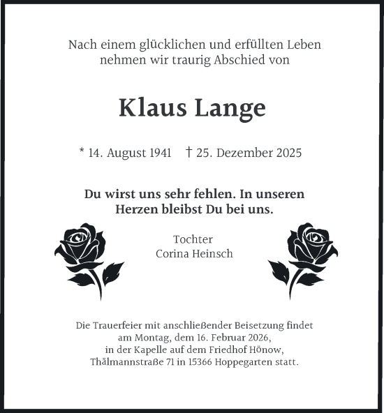 Traueranzeige von Klaus Lange von Ostthüringer Zeitung