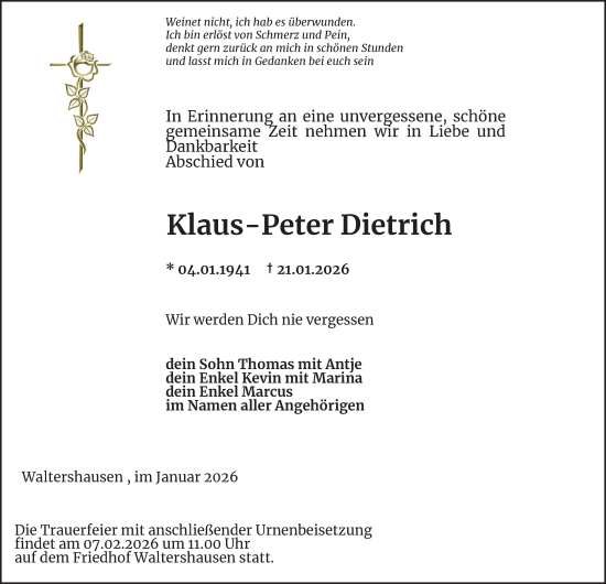 Traueranzeige von Klaus-Peter Dietrich von Thüringer Allgemeine, Thüringische Landeszeitung