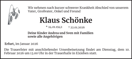 Traueranzeige von Klaus Schönke von Thüringer Allgemeine, Thüringische Landeszeitung