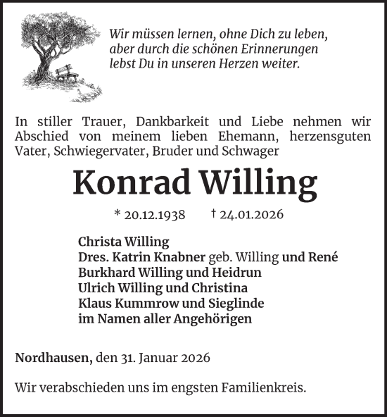 Traueranzeige von Konrad Willing von Thüringer Allgemeine