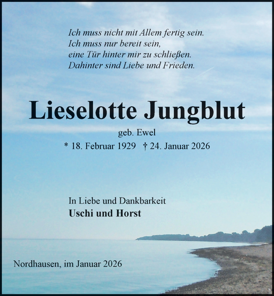  Traueranzeige für Lieselotte Jungblut vom 31.01.2026 aus Thüringer Allgemeine