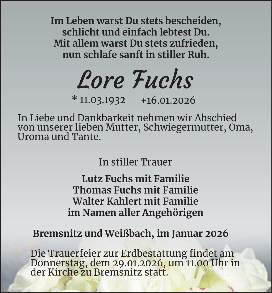  Traueranzeige für Lore Fuchs vom 24.01.2026 aus Ostthüringer Zeitung