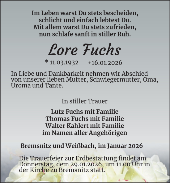 Traueranzeige von Lore Fuchs von Ostthüringer Zeitung