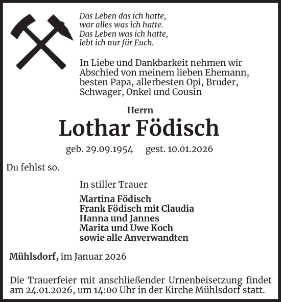 Traueranzeige von Lothar Födisch von Ostthüringer Zeitung
