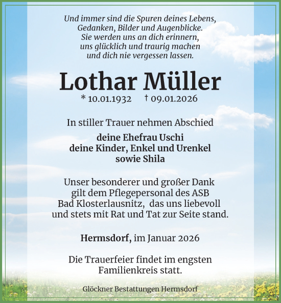 Traueranzeige von Lothar Müller von Ostthüringer Zeitung