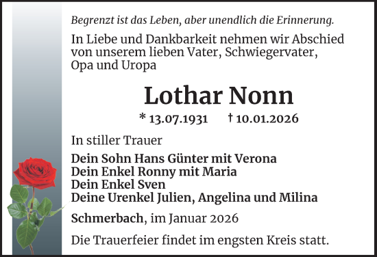 Traueranzeige von Lothar Nonn von Thüringer Allgemeine, Thüringische Landeszeitung