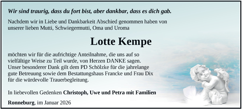  Traueranzeige für Lotte Kempe vom 31.01.2026 aus Ostthüringer Zeitung