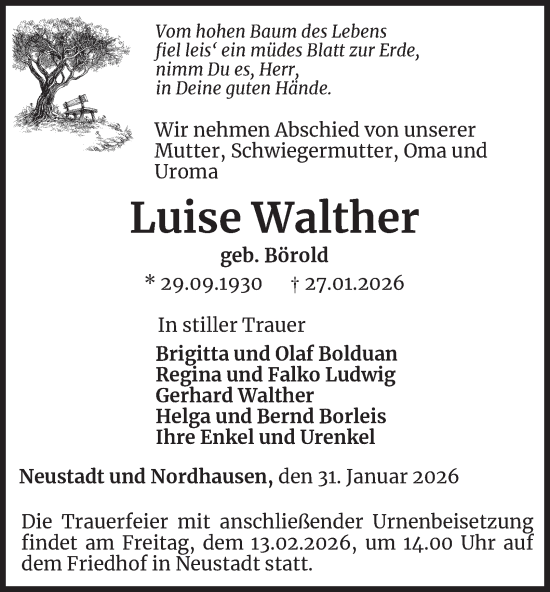 Traueranzeige von Luise Walther von Thüringer Allgemeine