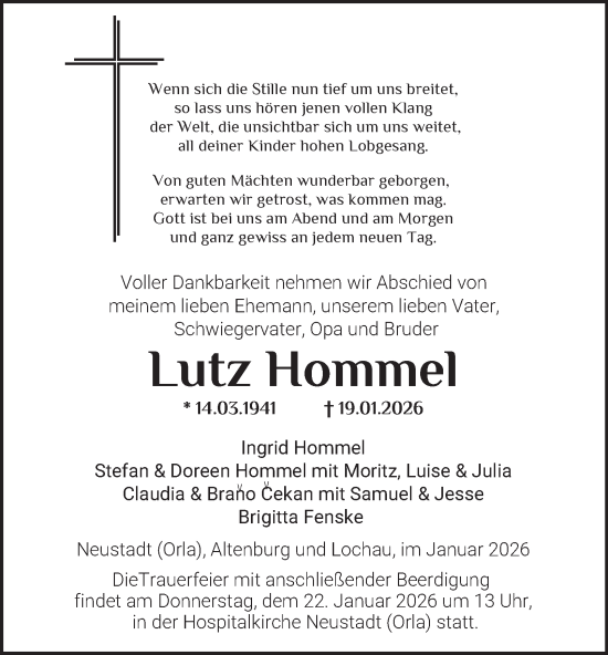 Traueranzeige von Lutz Hommel von Ostthüringer Zeitung