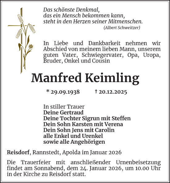 Traueranzeige von Manfred Keimling von Thüringer Allgemeine, Thüringische Landeszeitung